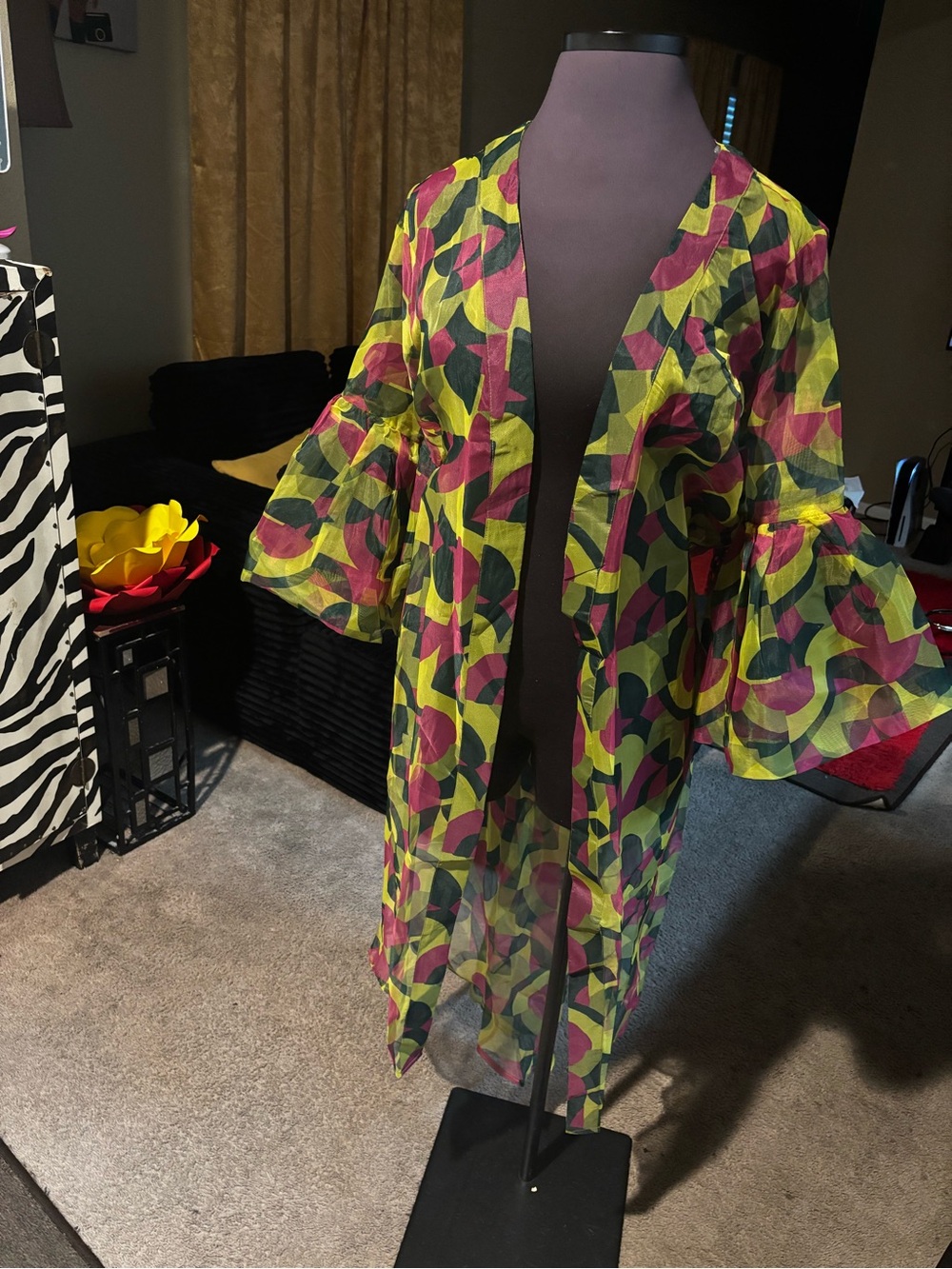 Sheer Printed Kimono Jacket - Green & Pink